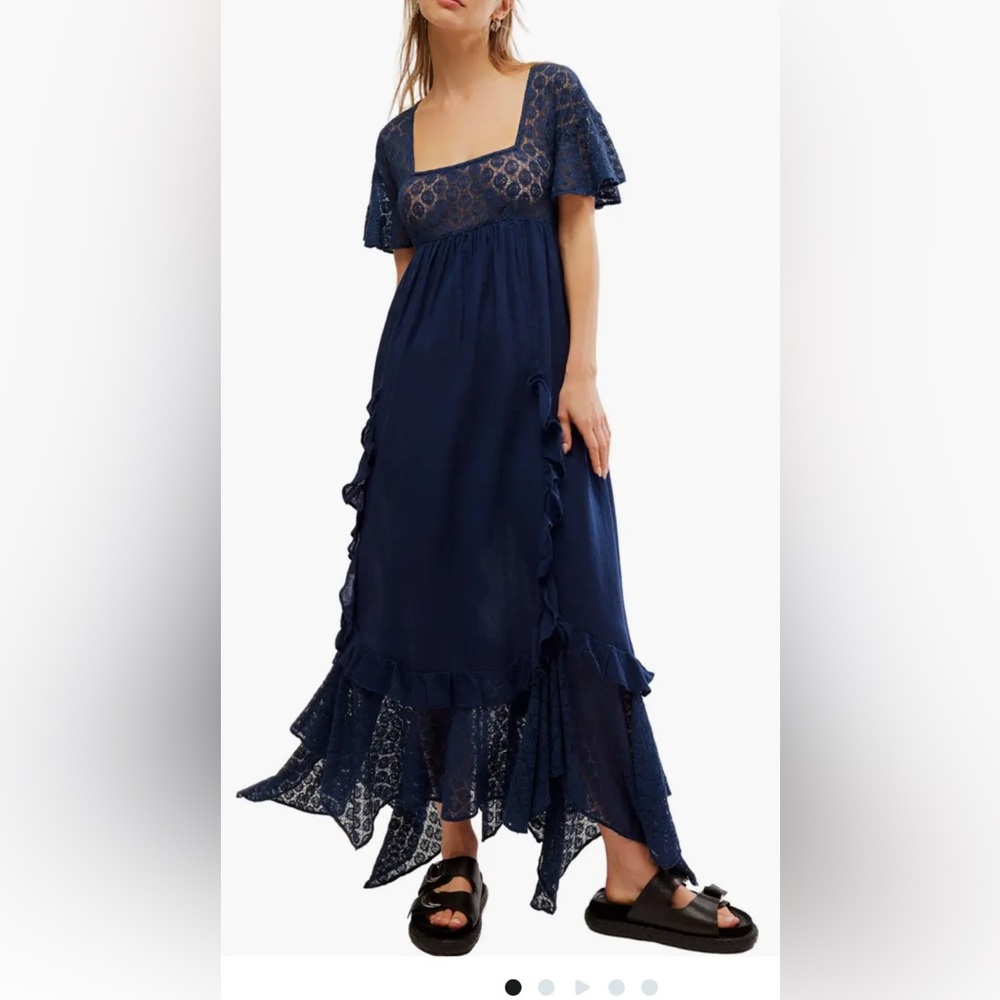 Free People Bring the Romance Handkerchief Hem Lace Maxi Dress in Navy Blue‎ - S